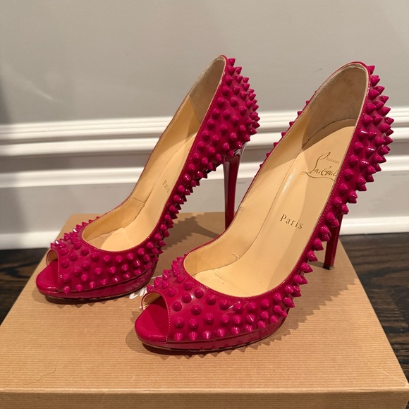 Christian Louboutin Pink Spiked Peep-Toe Heels - Picture 1 of 8